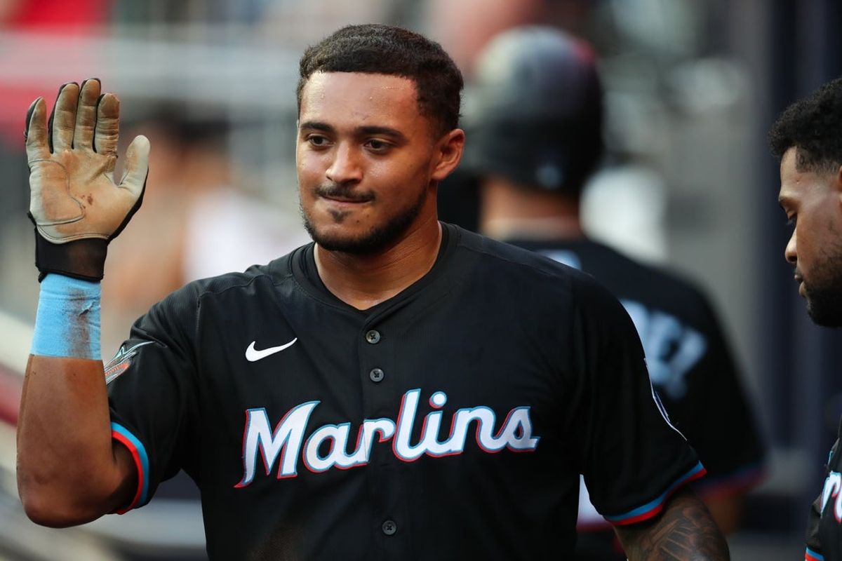 Aug 8, 2025; Cumberland, Georgia, USA; Miami Marlins center fielder Dane Myers (54) scores a run against the Atlanta Braves during the third inning at Truist Park. Mandatory Credit: Mady Mertens-Imagn Images
