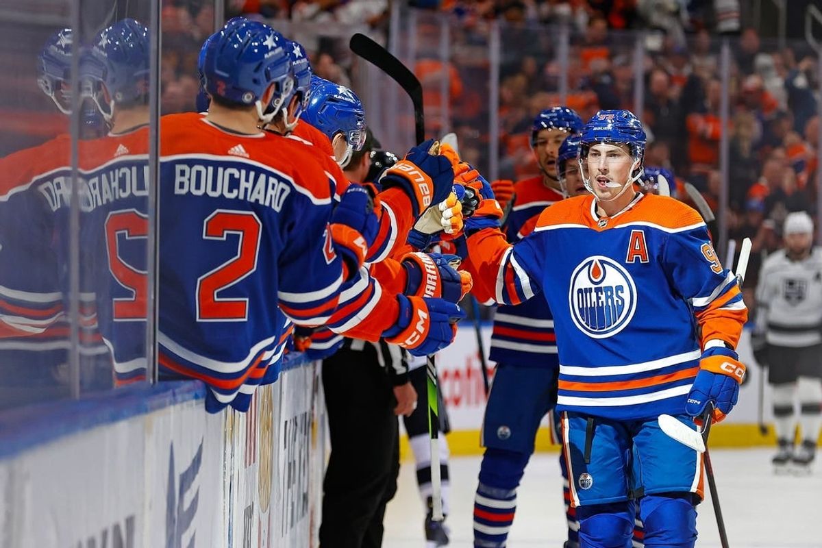Feb 26, 2024; Edmonton, Alberta, CAN; The Edmonton Oilers celebrate a goal scored by forward Ryan Nugent-Hopkins (93) during the third period against the Los Angeles Kings at Rogers Place.