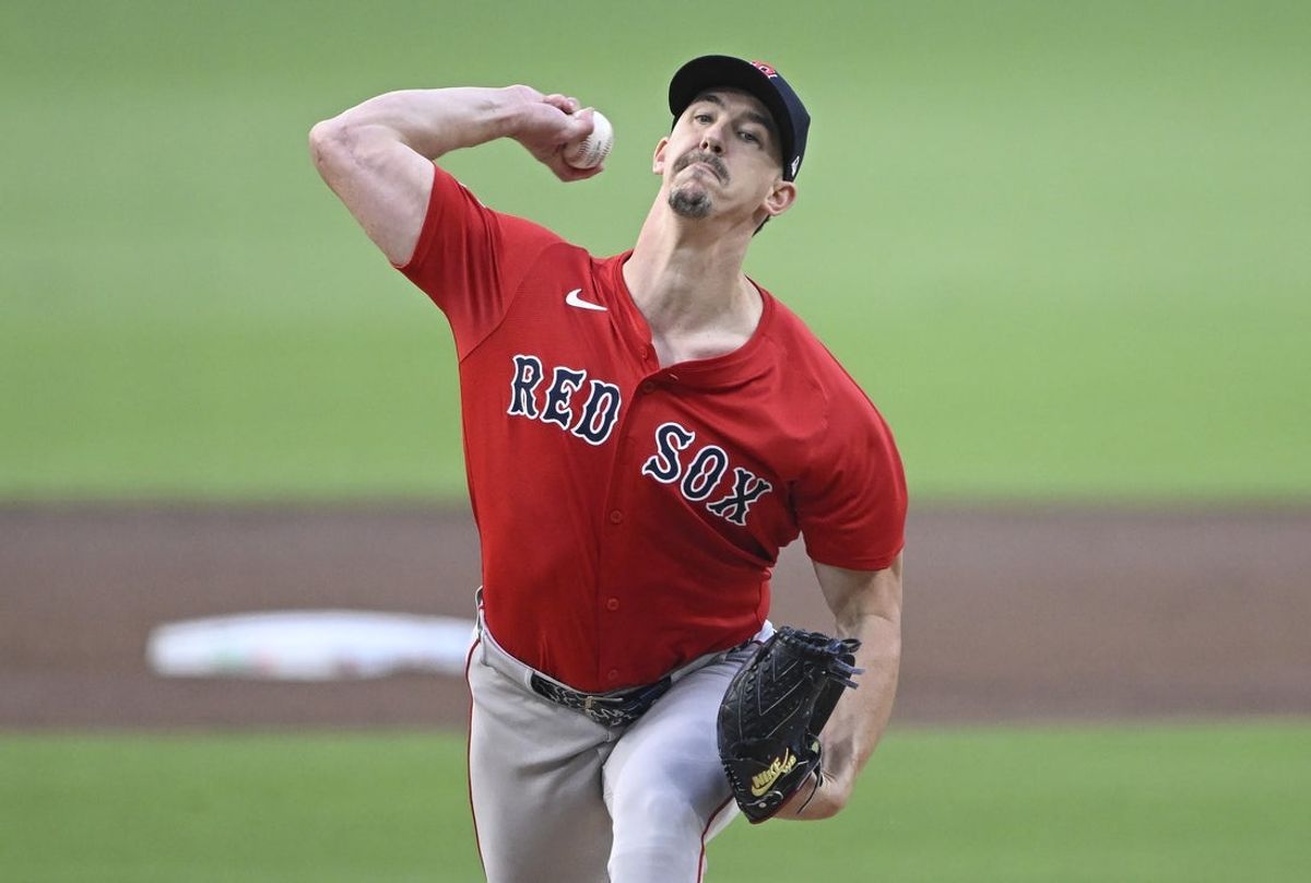 Aug 8, 2025; San Diego, California, USA; Boston Red Sox starting pitcher Walker Buehler (0) delivers during the first inning against the San Diego Padres at Petco Park. Mandatory Credit: Denis Poroy-Imagn Images