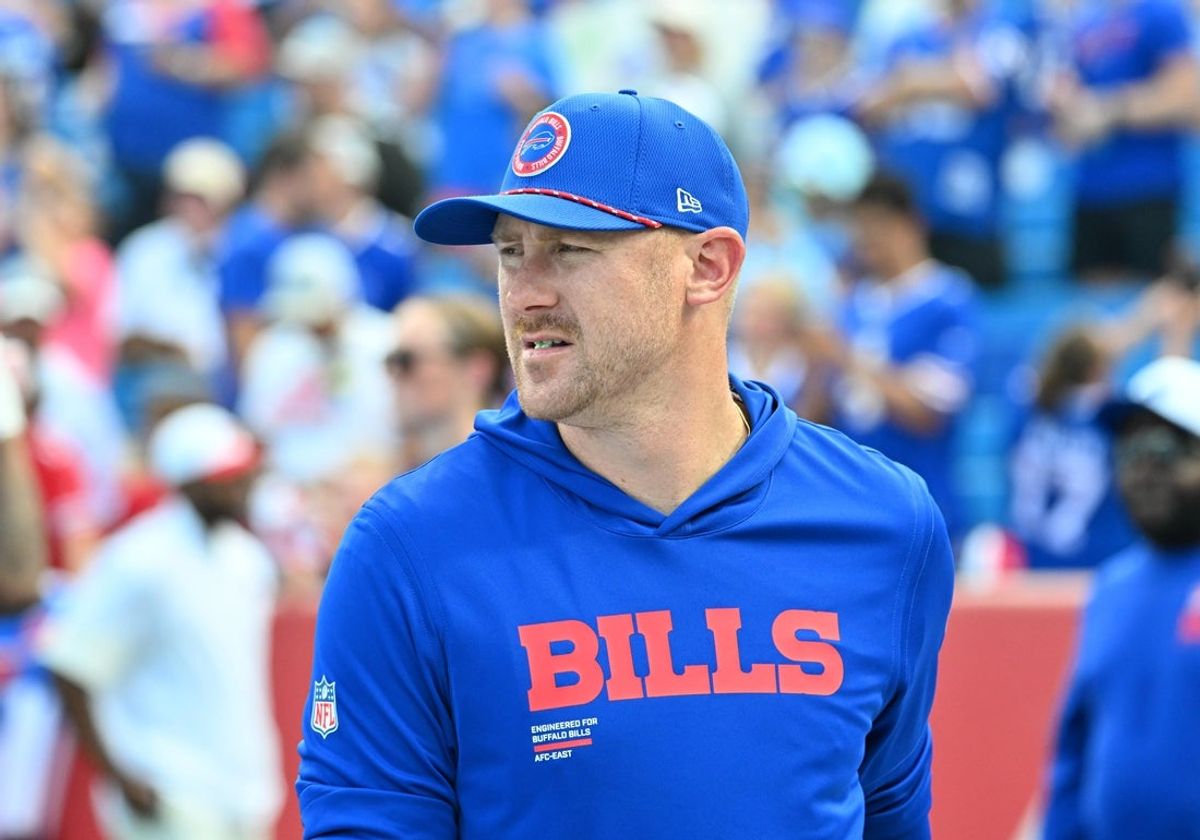 Aug 9, 2025; Orchard Park, New York, USA; Buffalo Bills offensive coordinator Joe Brady on the field before a game against the New York Giants at Highmark Stadium. Mandatory Credit: Mark Konezny-Imagn Images