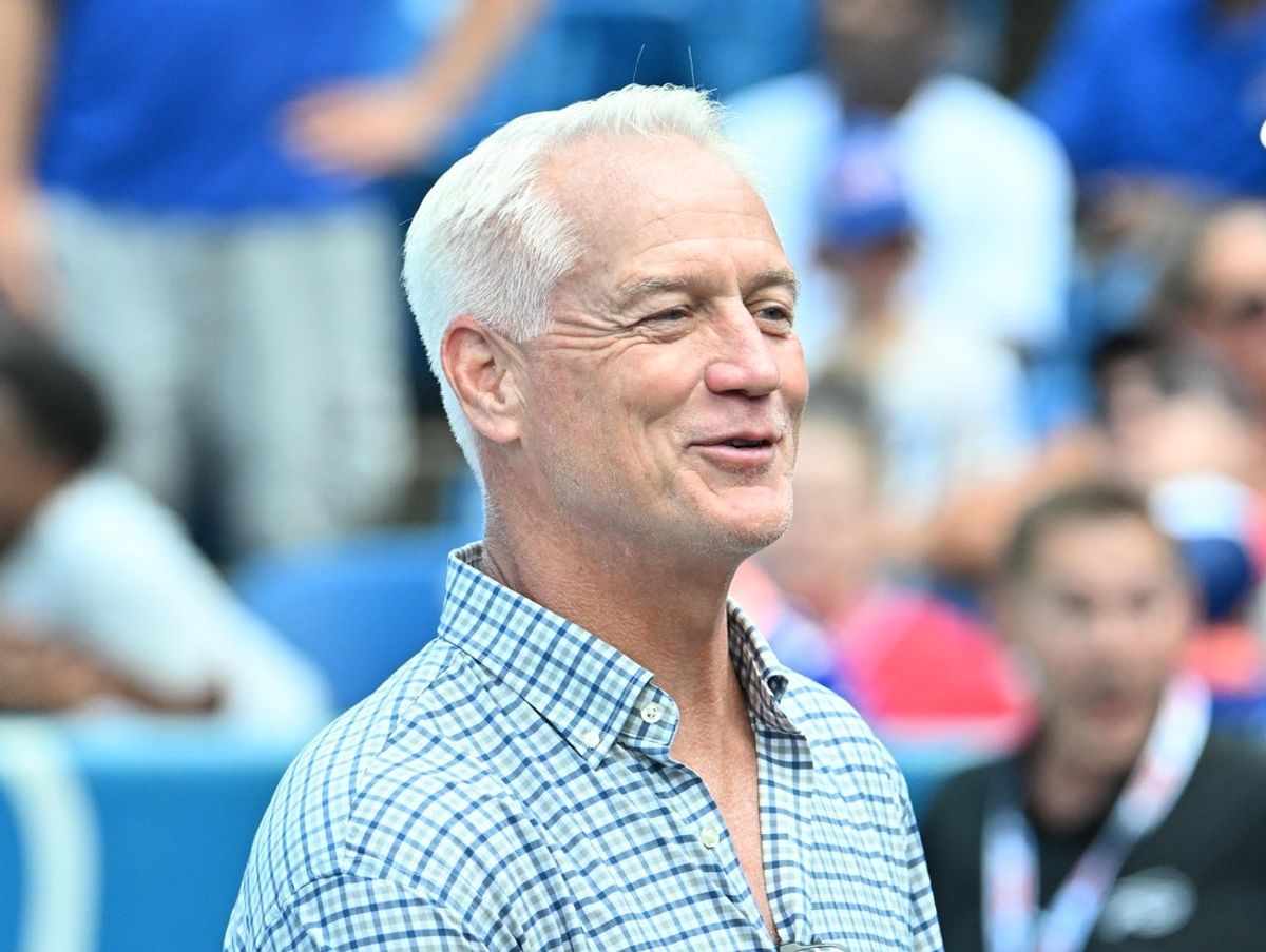 Aug 9, 2025; Orchard Park, New York, USA;  Fox broadcaster Daryl Johnston on the field before a game between the Buffalo Bills and the New York Giants at Highmark Stadium. Mandatory Credit: Mark Konezny-Imagn Images
