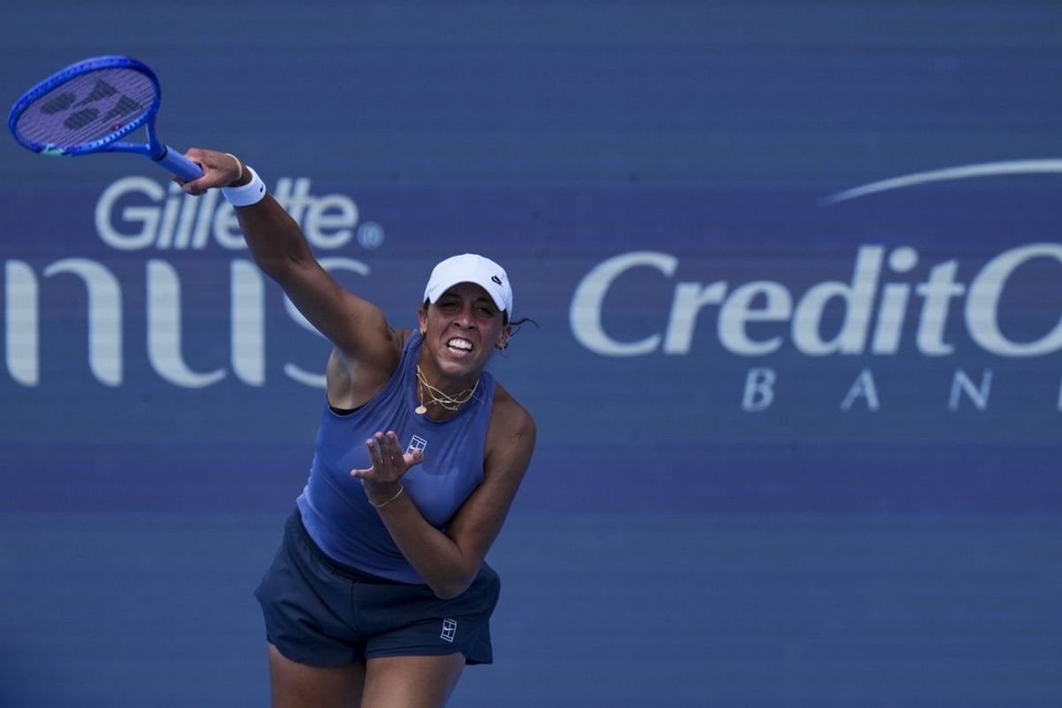 Aug 9, 2025; Cincinnati, OH, USA; Madison Keys (USA) serves against Eva Lys (GER) during the Cincinnati Open at the Lindner Family Tennis Center. Mandatory Credit: Aaron Doster-Imagn Images