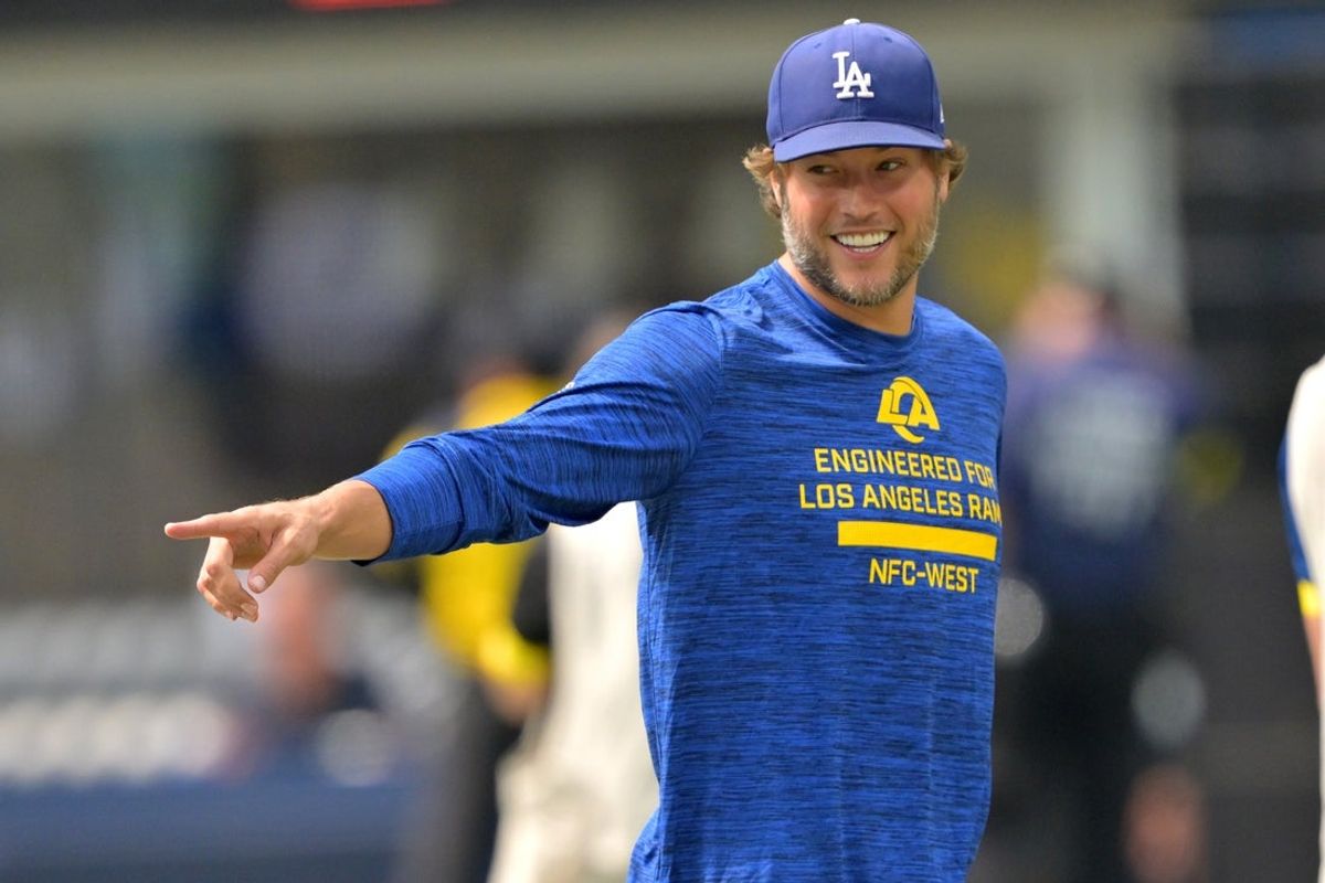 Aug 9, 2025; Inglewood, California, USA;  Los Angeles Rams quarterback Matthew Stafford (9) walks on the field prior to the game against the Dallas Cowboys at SoFi Stadium. Mandatory Credit: Jayne Kamin-Oncea-Imagn Images