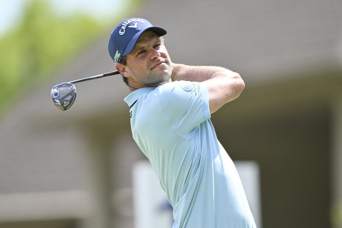 Aug 9, 2025; Memphis, Tennessee, USA; Thomas Detry plays his shot from the 18th tee during the third round of the FedEx St. Jude Championship golf tournament. Mandatory Credit: Steve Roberts-Imagn Images