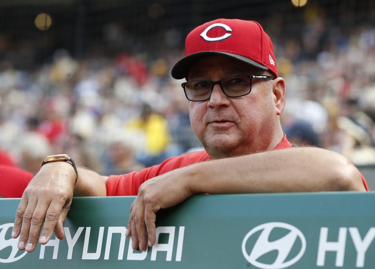 Aug 9, 2025; Pittsburgh, Pennsylvania, USA;  Cincinnati Reds manager Terry Francona (77) looks on before the game against the Pittsburgh Pirates at PNC Park. Mandatory Credit: Charles LeClaire-Imagn Images
