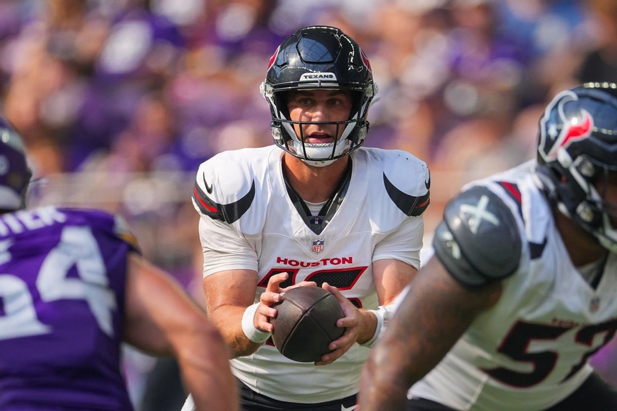 Aug 9, 2025; Minneapolis, Minnesota, USA; Houston Texans quarterback Kedon Slovis (16) against the Minnesota Vikings in the third quarter at U.S. Bank Stadium. Mandatory Credit: Brad Rempel-Imagn Images