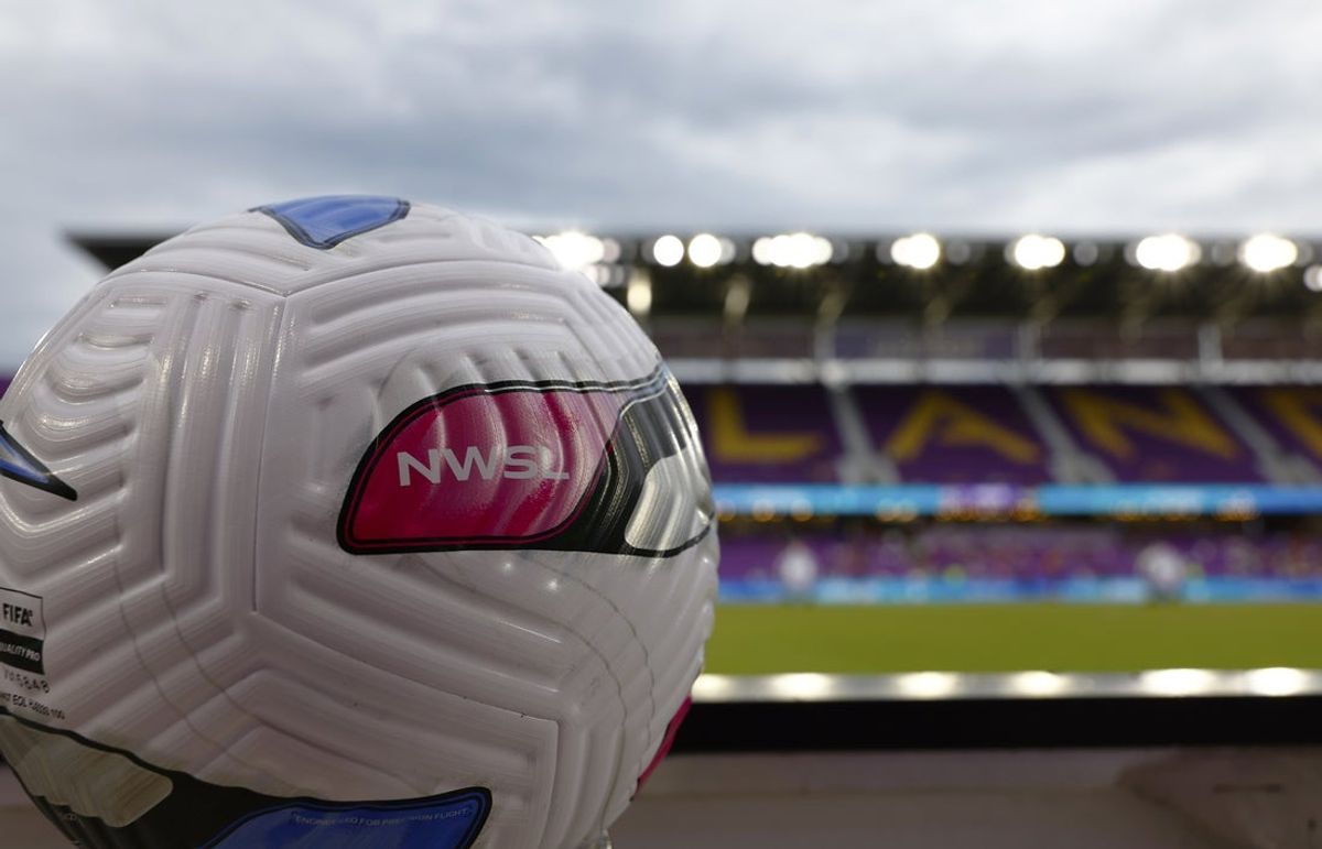 Aug 9, 2025; Orlando, Florida, USA;  Detailed view of a soccer ball sitting next to the field prior to an NWSL match between the Orlando Pride  visiting Racing Louisville FC at Inter&Co Stadium. Mandatory Credit: Russell Lansford-Imagn Images
