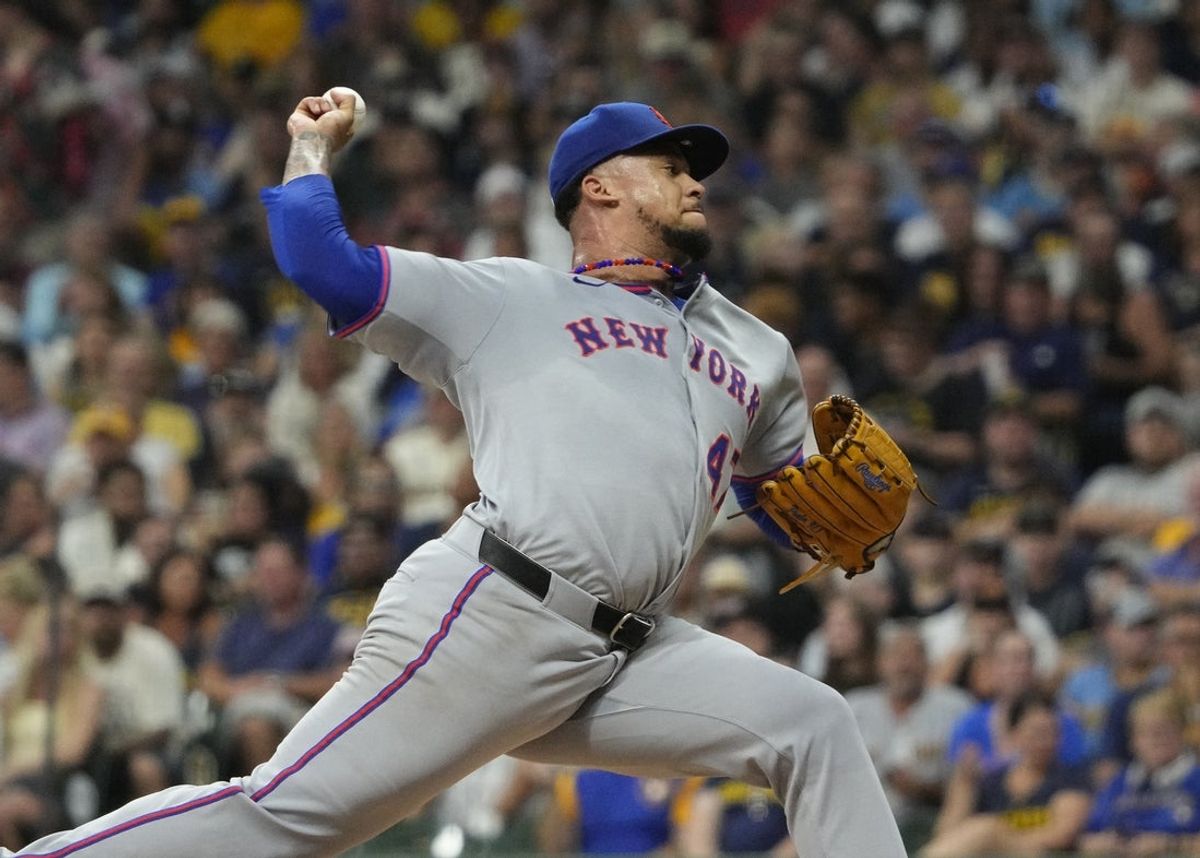Aug 9, 2025; Milwaukee, Wisconsin, USA; New York Mets pitcher Frankie Montas (47) delivers a pitch against the Milwaukee Brewers in the second inning at American Family Field. Mandatory Credit: Michael McLoone-Imagn Images