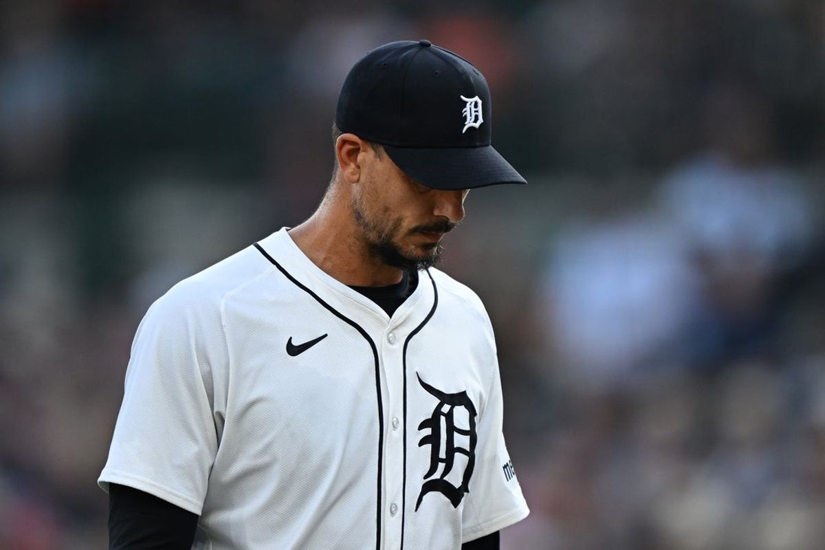 Aug 9, 2025; Detroit, Michigan, USA;  Detroit Tigers starting pitcher Charlie Morton (50) walks off the field after being pulled from the game against the Los Angeles Angels in the fifth inning at Comerica Park. Mandatory Credit: Lon Horwedel-Imagn Images