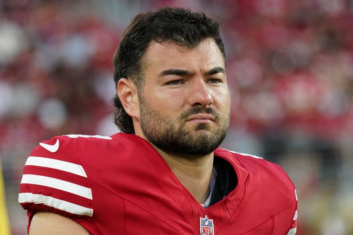 Aug 9, 2025; Santa Clara, California, USA;  San Francisco 49ers kicker Jake Moody (4) stands on the sidelines in the third quarter during a game against the Denver Broncos at Levi's Stadium. Mandatory Credit: David Gonzales-Imagn Images