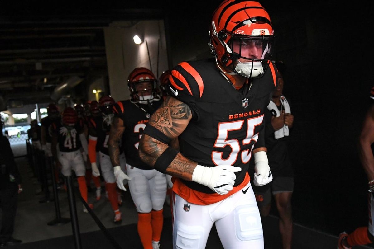 Aug 7, 2025; Philadelphia, Pennsylvania, USA; Cincinnati Bengals linebacker Logan Wilson (55) in the tunnel against the Philadelphia Eagles at Lincoln Financial Field. Mandatory Credit: Eric Hartline-Imagn Images