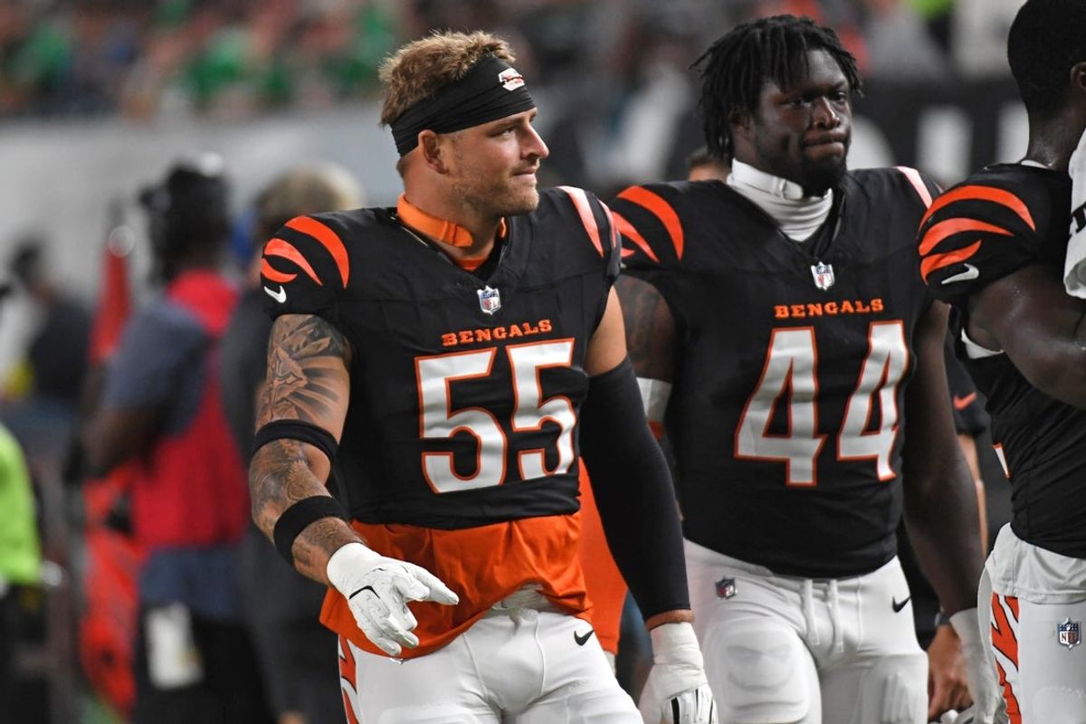 Aug 7, 2025; Philadelphia, Pennsylvania, USA; Cincinnati Bengals linebacker Logan Wilson (55) and linebacker Demetrius Knight Jr. (44) walk off the field at halftime against the Philadelphia Eagles at Lincoln Financial Field. Mandatory Credit: Eric Hartline-Imagn Images