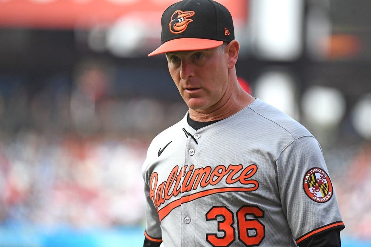Aug 4, 2025; Philadelphia, Pennsylvania, USA; Baltimore Orioles interim manager Tony Mansolino (36) against the Philadelphia Phillies at Citizens Bank Park. Mandatory Credit: Eric Hartline-Imagn Images