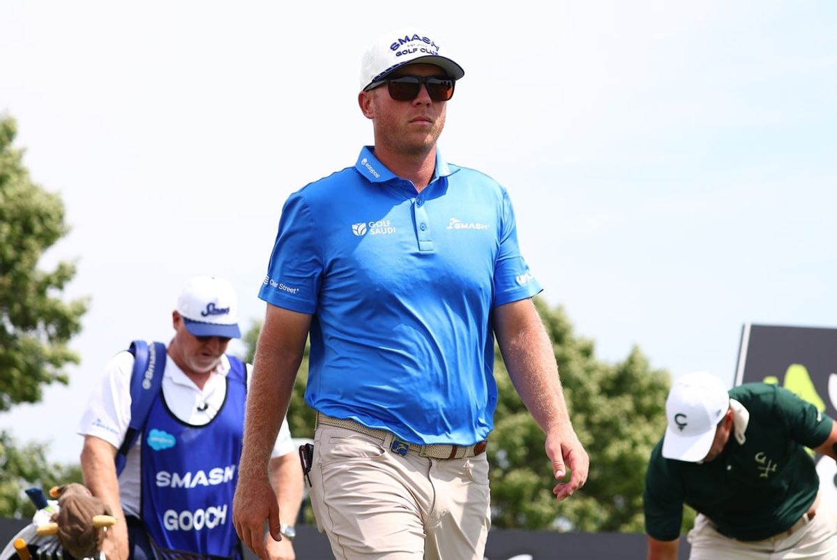 Aug 10, 2025; Bolingbrook, Illinois, USA; Talor Gooch of the Smash GC walks down the green on the 11th hole during the third round of the LIV Golf Chicago tournament at Bolingbrook Golf Club. Mandatory Credit: Melissa Tamez-Imagn Images