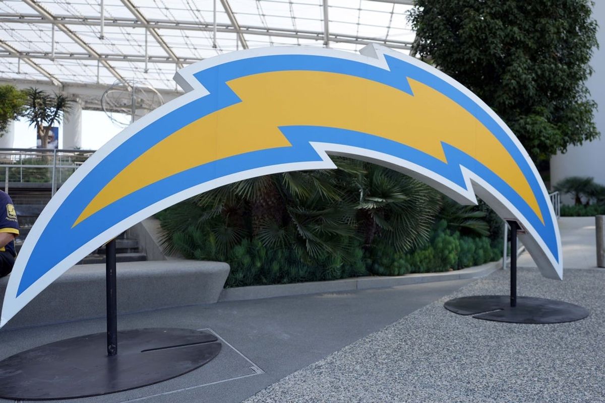 Aug 10, 2025; Inglewood, California, USA; The Los Angeles Chargers logo at SoFi Stadium. Mandatory Credit: Kirby Lee-Imagn Images