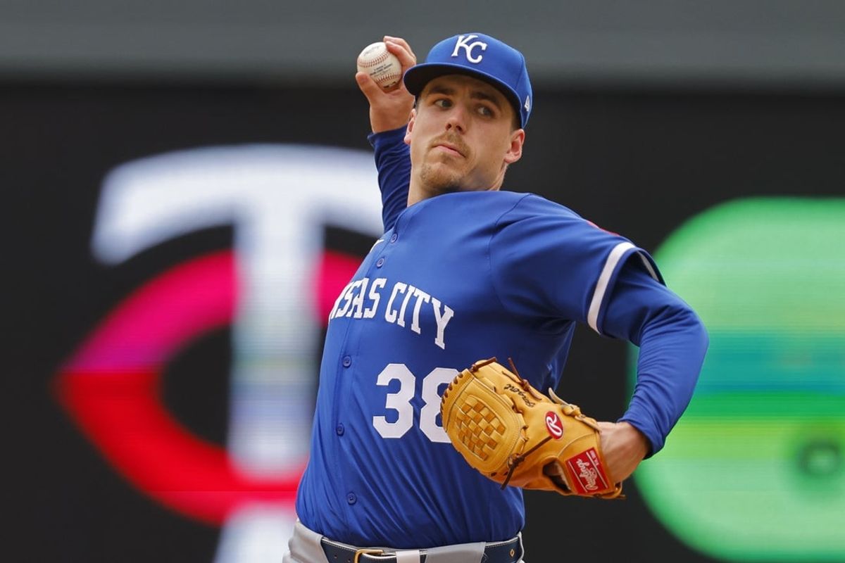 Aug 10, 2025; Minneapolis, Minnesota, USA; Kansas City Royals starting pitcher Ryan Bergert (38) throws to the Minnesota Twins in the first inning at Target Field. Mandatory Credit: Bruce Kluckhohn-Imagn Images