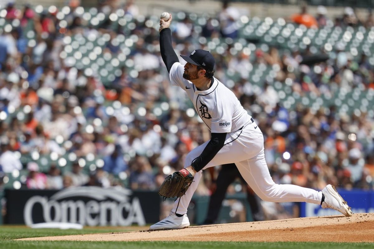 Aug 10, 2025; Detroit, Michigan, USA;  Detroit Tigers pitcher Casey Mize (12) pitches in the first inning against the Los Angeles Angels at Comerica Park. Mandatory Credit: Rick Osentoski-Imagn Images