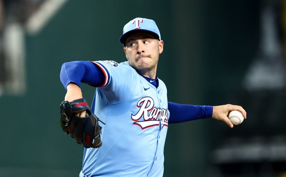 Aug 10, 2025; Arlington, Texas, USA;  Texas Rangers starting pitcher Patrick Corbin (46) throws during the first inning against the Philadelphia Phillies at Globe Life Field. Mandatory Credit: Kevin Jairaj-Imagn Images