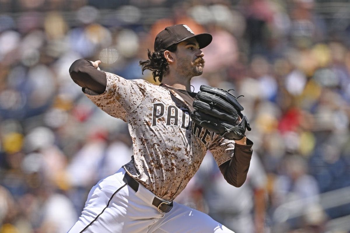 Aug 10, 2025; San Diego, California, USA; San Diego Padres starting pitcher Dylan Cease (84) delivers during the first inning against the against the Boston Red Sox at Petco Park. Mandatory Credit: Denis Poroy-Imagn Images