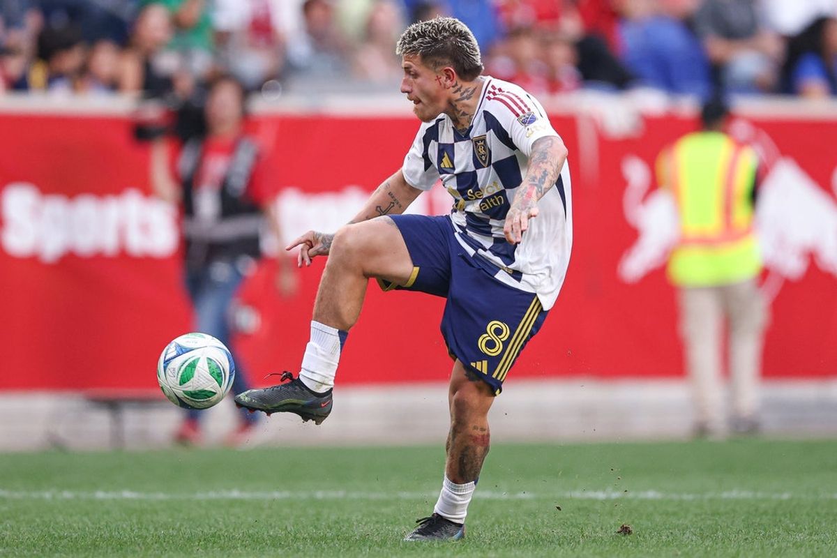 Aug 10, 2025; Harrison, New Jersey, USA; New York Red Bulls midfielder Peter Stroud (8). Mandatory Credit: Vincent Carchietta-Imagn Images