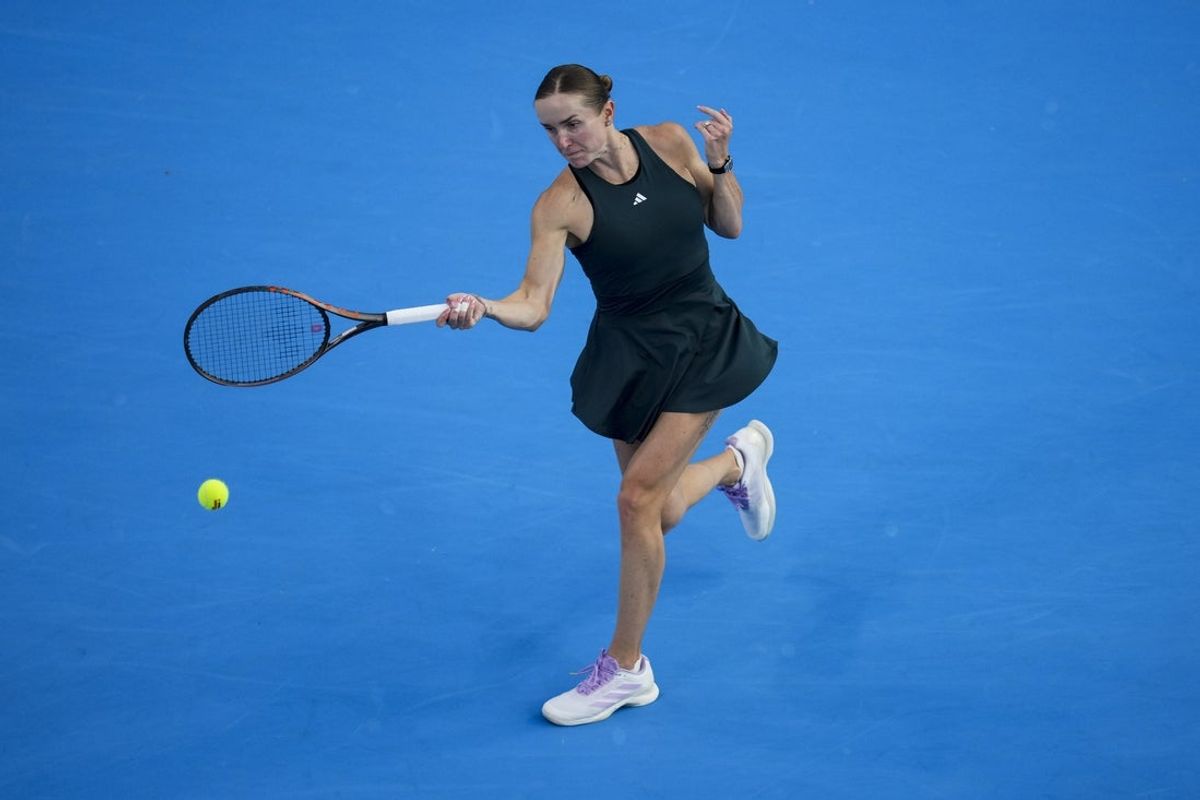 Aug 10, 2025; Cincinnati, OH, USA;  Elina Svitolina (UKR) returns a shot against Barbora Krejcikova (CZE) during the Cincinnati Open at the Lindner Family Tennis Center. Mandatory Credit: Aaron Doster-Imagn Images