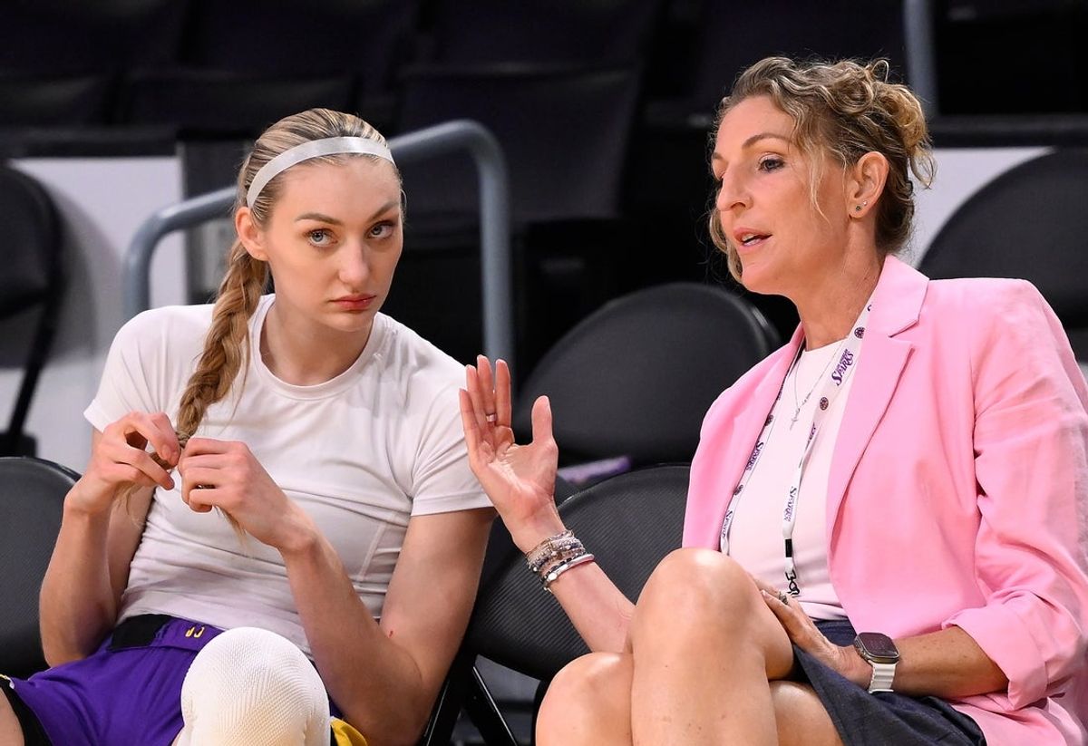 Aug 10, 2025; Los Angeles, California, USA; Los Angeles Sparks forward Cameron Brink (left) with team general manager Raegan Pebley before a WNBA game against the Seattle Storm at Crypto.com Arena. Mandatory Credit: Robert Hanashiro-Imagn Images