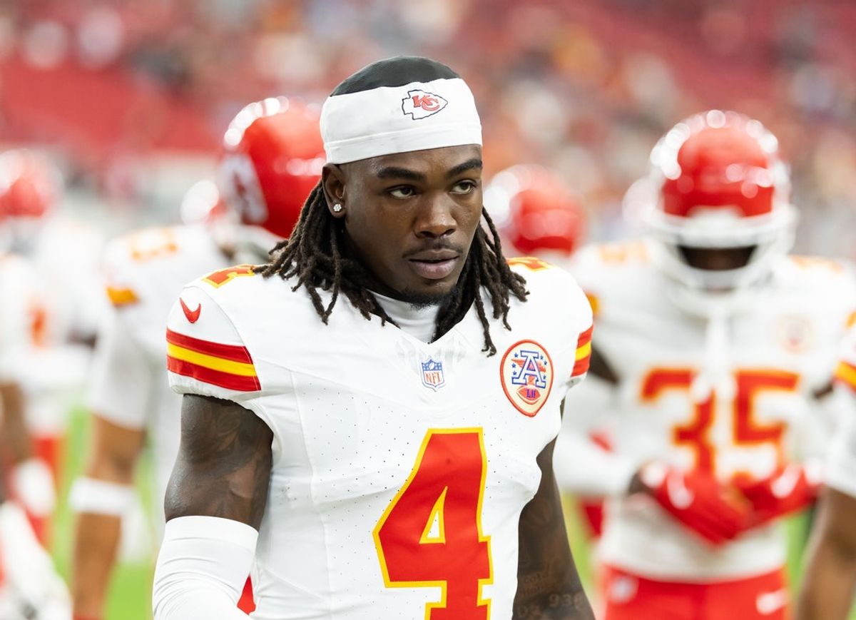 Aug 9, 2025; Glendale, Arizona, USA; Kansas City Chiefs wide receiver Rashee Rice (4) against the Arizona Cardinals during a preseason NFL game at State Farm Stadium. Mandatory Credit: Mark J. Rebilas-Imagn Images