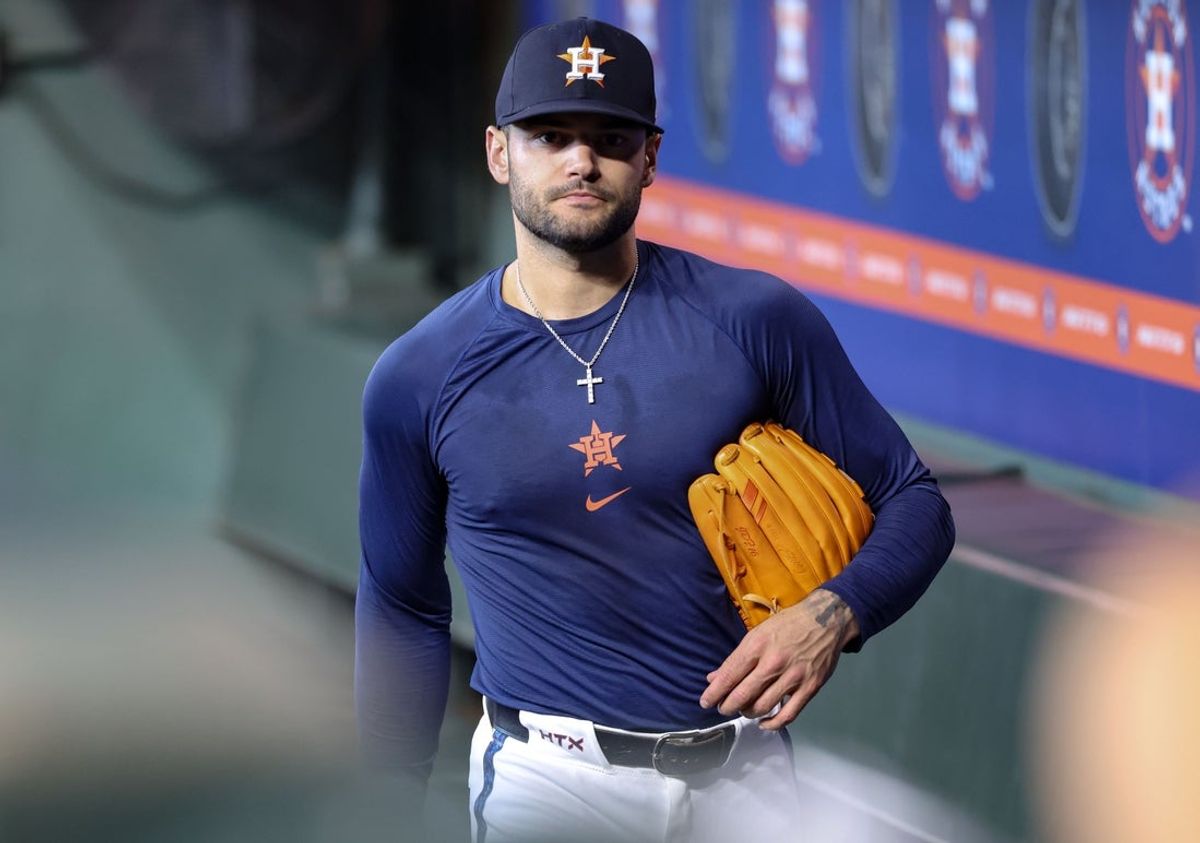 Aug 11, 2025; Houston, Texas, USA; Houston Astros pitcher Lance McCullers Jr. walks in the dugout before the game against the Boston Red Sox at Daikin Park. Mandatory Credit: Troy Taormina-Imagn Images