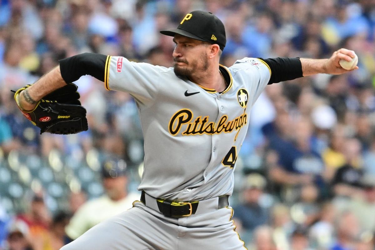 Aug 11, 2025; Milwaukee, Wisconsin, USA;  Pittsburgh Pirates starting pitcher Andrew Heaney (45) throws a pitch in the first inning against the Milwaukee Brewers at American Family Field. Mandatory Credit: Benny Sieu-Imagn Images