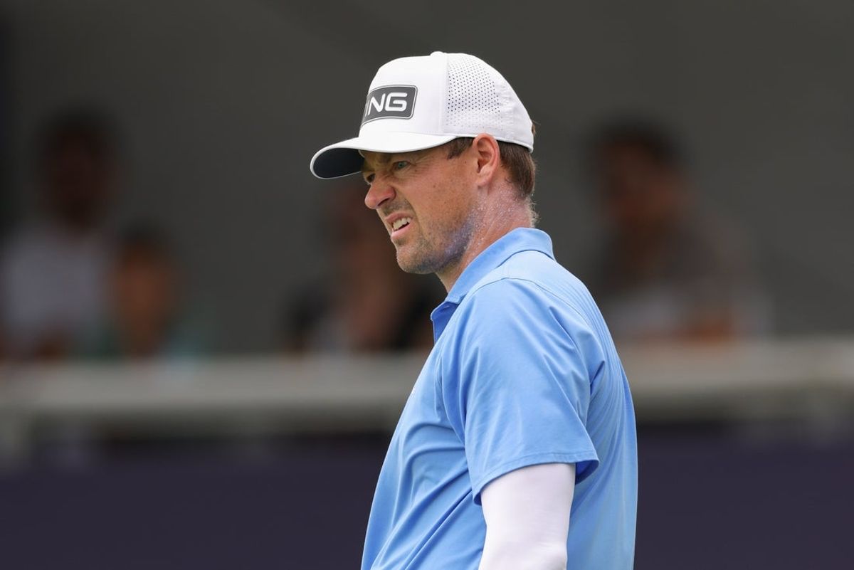 Aug 3, 2025; Greensboro, North Carolina, USA; Victor Perez reacts to his putt on the 9th green during the final round of the Wyndham Championship golf tournament. Mandatory Credit: Allison Lawhon-Imagn Images