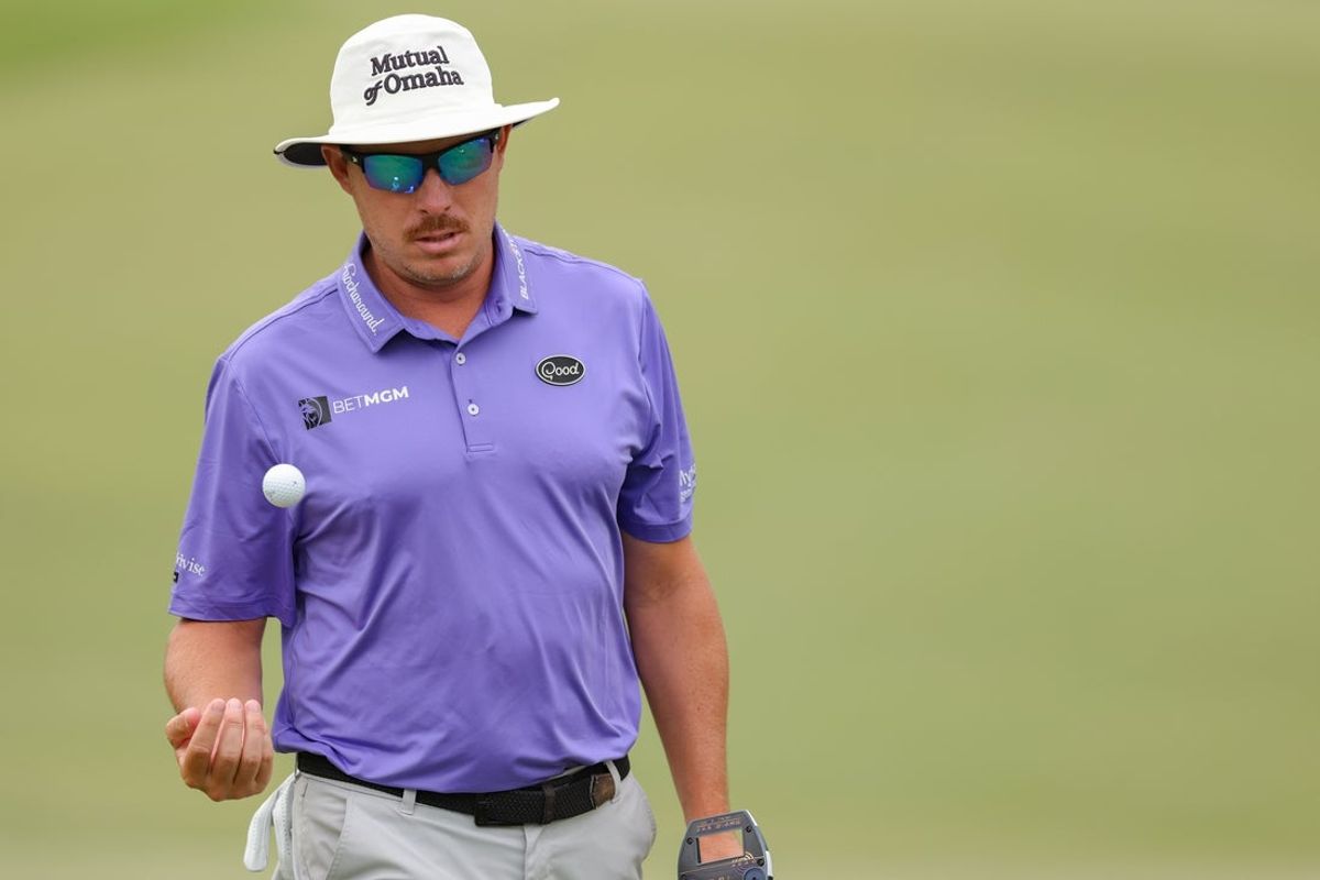 Aug 3, 2025; Greensboro, North Carolina, USA; Joel Dahmen walks off the 6th green after his putt during the final round of the Wyndham Championship golf tournament. Mandatory Credit: Allison Lawhon-Imagn Images