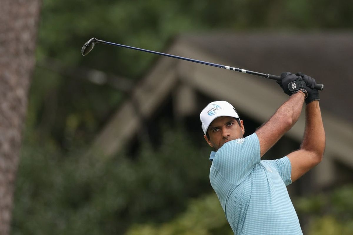 Aug 3, 2025; Greensboro, North Carolina, USA; Aaron Rai drives off the 9th tee box during the final round of the Wyndham Championship golf tournament. Mandatory Credit: Allison Lawhon-Imagn Images