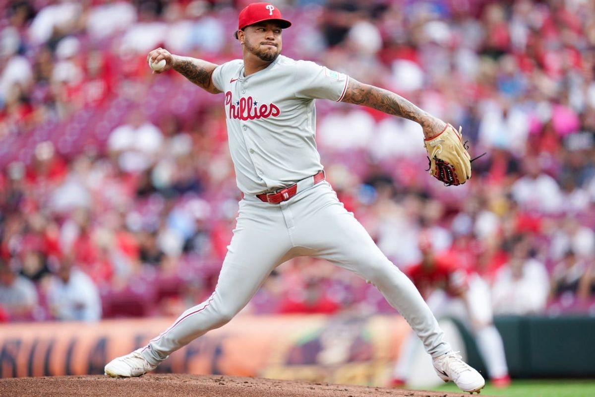 Philadelphia Phillies pitcher Taijuan Walker (99) delivers a pitch in the first inning duirng a MLB game between the Cincinnati Reds and Philadelphia Phillies, Monday, Aug. 11, 2025, at Great American Ball Park in downtown Cincinnati.