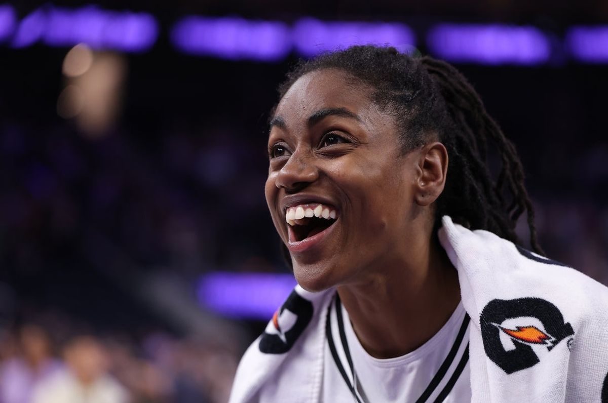 Aug 11, 2025; San Francisco, California, USA; Golden State Valkyries guard Tiffany Hayes (15) gives a post-game interview after the game against the Connecticut Sun at Chase Center. Mandatory Credit: Kelley L Cox-Imagn Images