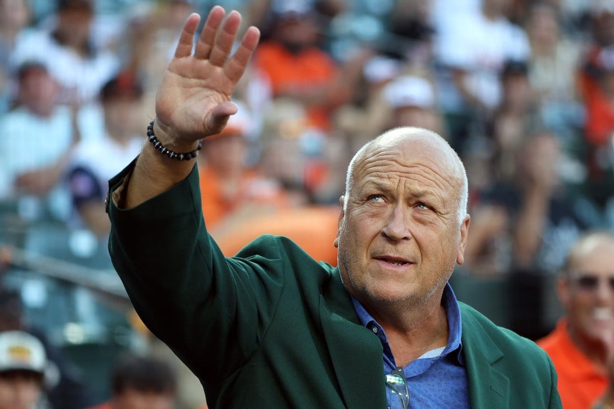 Aug 9, 2025; Baltimore, Maryland, USA; Cal Ripken Jr. waives to fans before a game against the Athletics at Oriole Park at Camden Yards. Mandatory Credit: Daniel Kucin Jr.-Imagn Images