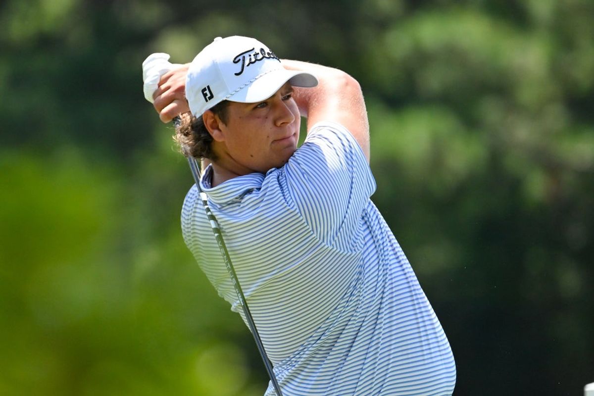 Aug 7, 2025; Memphis, Tennessee, USA; Aldrich Potgieter plays his shot from the third tee during the first round of the FedEx St. Jude Championship golf tournament. Mandatory Credit: Steve Roberts-Imagn Images