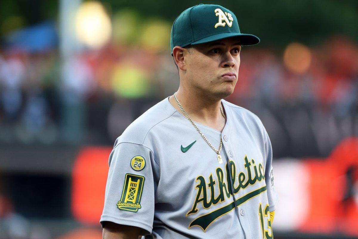 Aug 9, 2025; Baltimore, Maryland, USA; Athletics third baseman Gio Urshela (13) looks on before a game against the Baltimore Orioles at Oriole Park at Camden Yards. Mandatory Credit: Daniel Kucin Jr.-Imagn Images