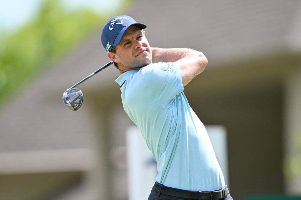 Aug 9, 2025; Memphis, Tennessee, USA; Thomas Detry plays his shot from the 18th tee during the third round of the FedEx St. Jude Championship golf tournament. Mandatory Credit: Steve Roberts-Imagn Images
