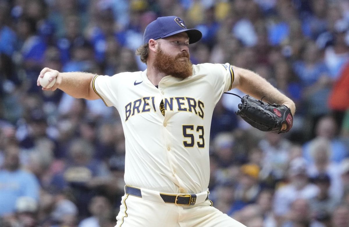 Aug 13, 2025; Milwaukee, Wisconsin, USA; Milwaukee Brewers pitcher Brandon Woodruff (53) delivers a pitch against the Pittsburgh Pirates in the first inning at American Family Field. Mandatory Credit: Michael McLoone-Imagn Images