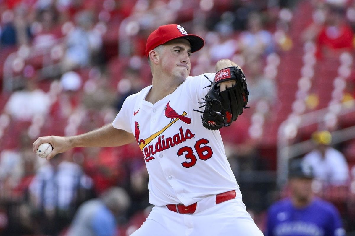 Aug 13, 2025; St. Louis, Missouri, USA;  St. Louis Cardinals starting pitcher Michael McGreevy (36) pitches against the Colorado Rockies during the first inning at Busch Stadium. Mandatory Credit: Jeff Curry-Imagn Images