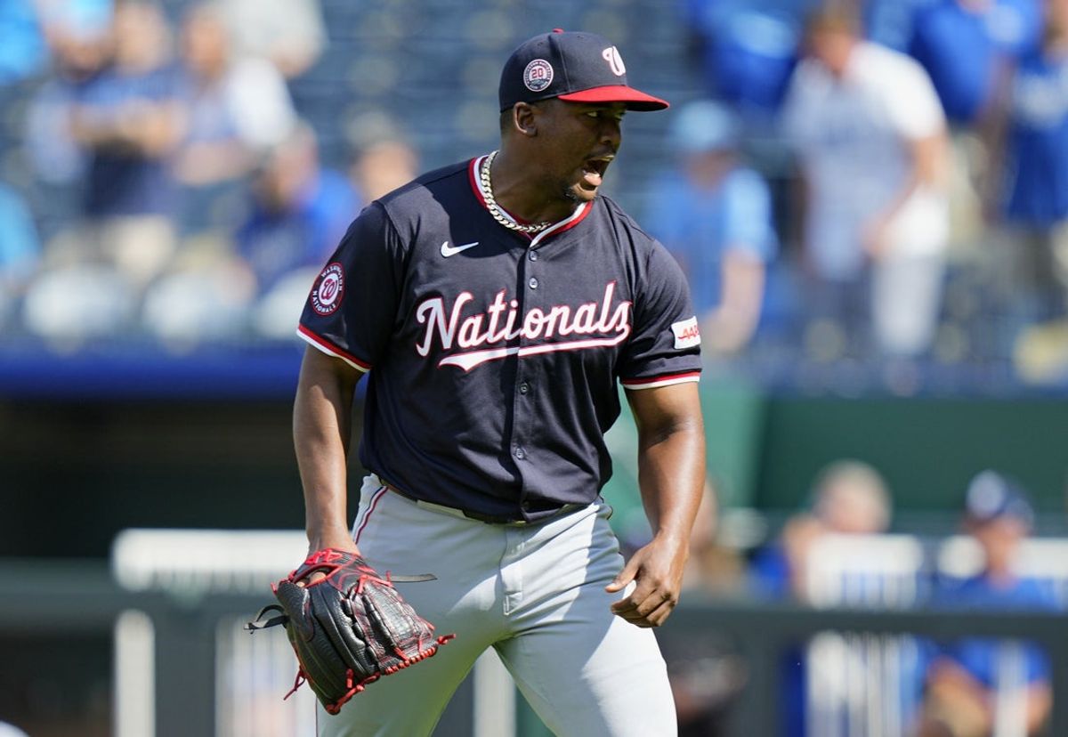 Aug 13, 2025; Kansas City, Missouri, USA; Washington Nationals relief pitcher Jose Ferrer (47) celebrates after defeating the Kansas City Royals at Kauffman Stadium. Mandatory Credit: Jay Biggerstaff-Imagn Images