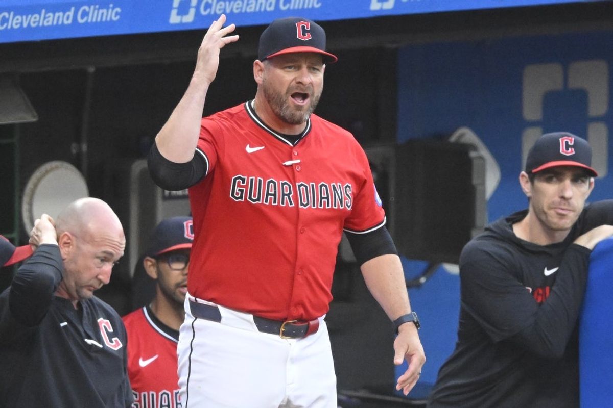 Aug 13, 2025; Cleveland, Ohio, USA; Cleveland Guardians manager Stephen Vogt (12) reacts in the fourth inning against the Miami Marlins at Progressive Field. Mandatory Credit: David Richard-Imagn Images