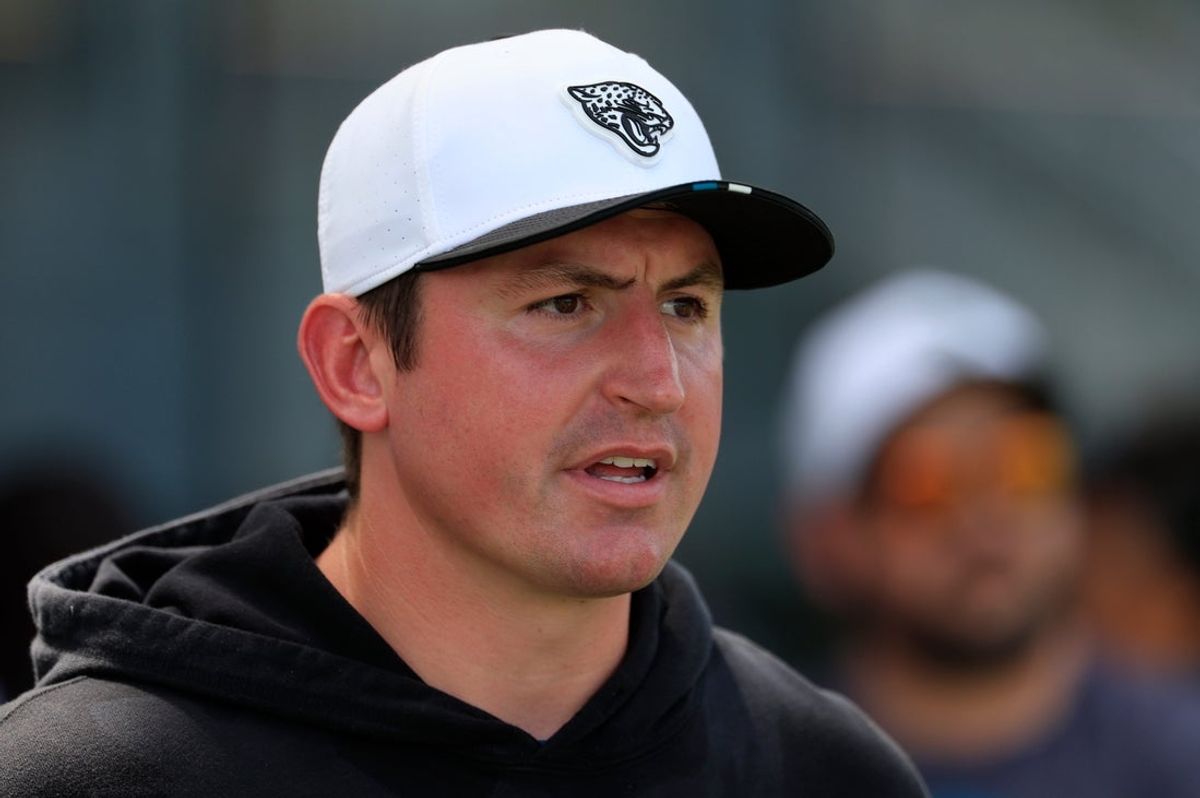 Jacksonville Jaguars offensive coordinator Grant Udinski talks to members of the media after an NFL training camp session at the Miller Electric Center, Thursday, Aug. 14, 2025 in Jacksonville, Fla.