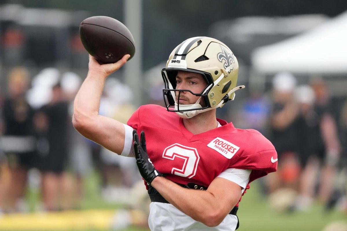 Aug 14, 2025; Carson, CA, USA; New Orleans Saints quarterback Jake Haener (3) throws the ball against the Los Angeles Rams during a joint practice at the Dignity Health Sports Park. Mandatory Credit: Kirby Lee-Imagn Images