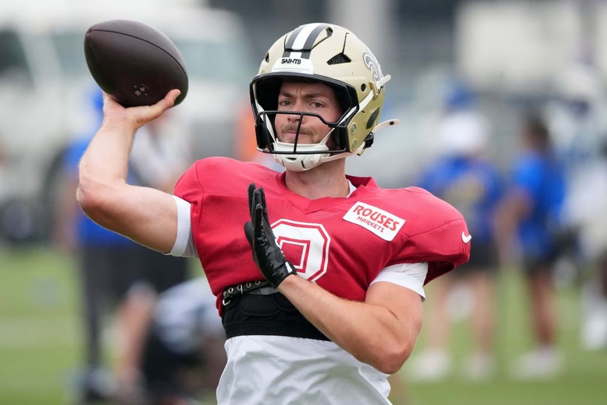 Aug 14, 2025; Carson, CA, USA; New Orleans Saints quarterback Jake Haener (3) throws the ball against the Los Angeles Rams during a joint practice at the Dignity Health Sports Park. Mandatory Credit: Kirby Lee-Imagn Images