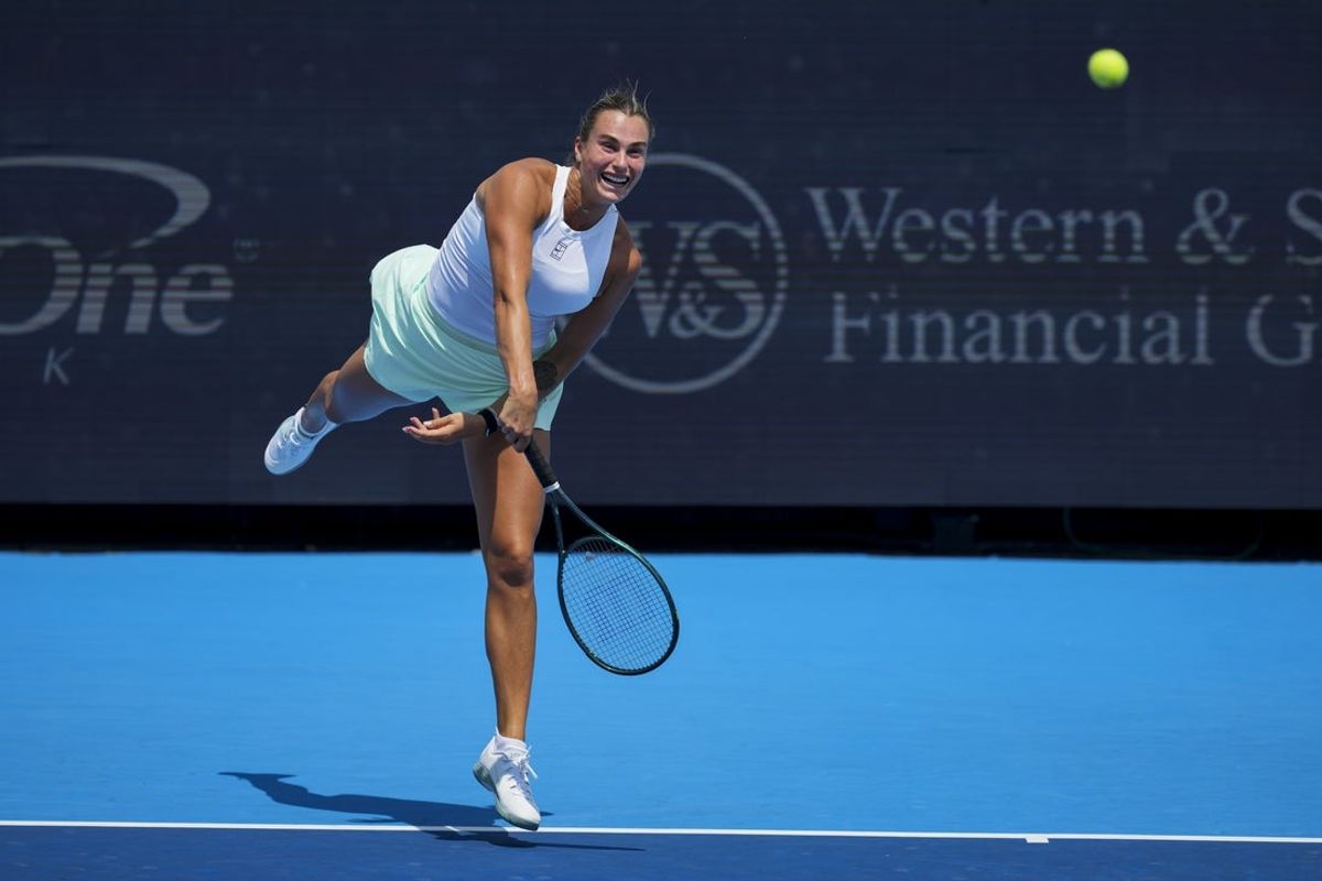 Aug 15, 2025; Cincinnati, OH, USA;  Aryna Sabalenka (BLR) serves against Elena Rybakina (KAZ) during the Cincinnati Open at the Lindner Family Tennis Center. Mandatory Credit: Aaron Doster-Imagn Images