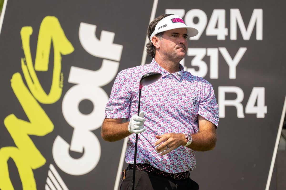 Aug 15, 2025; Indianapolis, IN, United States; Bubba Watson of Rangegoats GC tees off on the 6th hole during the first round of LIV Golf Indianapolis. Mandatory Credit: Marc Lebryk-Imagn Images
