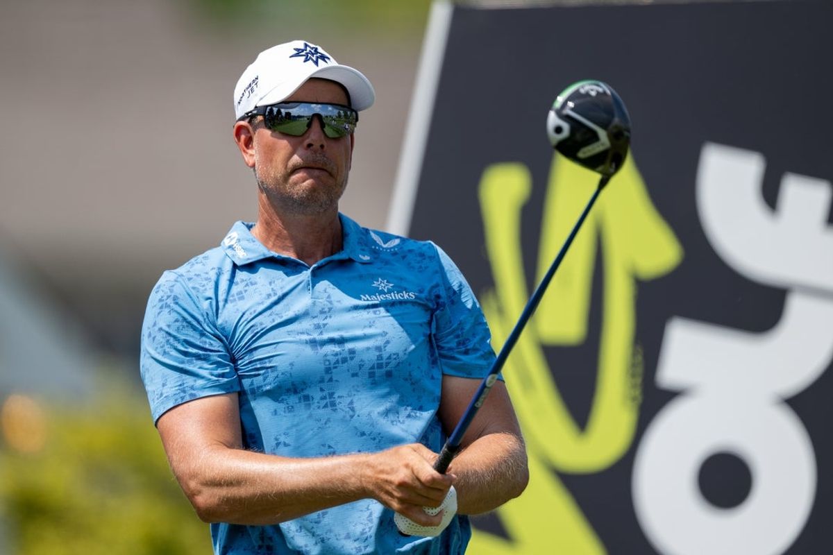 Aug 15, 2025; Indianapolis, IN, United States; Henrik Stenson of Majestics GC prepares to tee off on the 6th hole during the first round of LIV Golf Indianapolis. Mandatory Credit: Marc Lebryk-Imagn Images