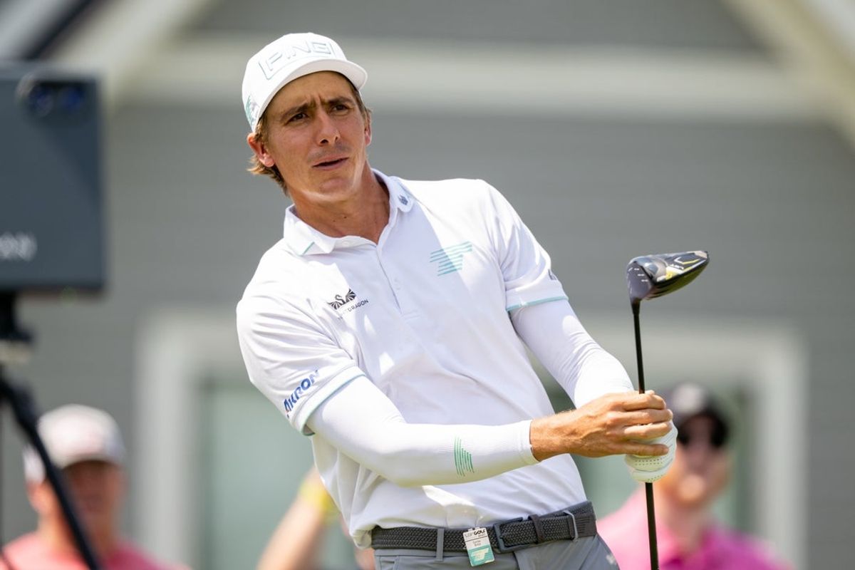 Aug 15, 2025; Indianapolis, IN, United States; Carlos Ortiz of Torque GC reacts to his tee shot on the 6th hole during the first round of LIV Golf Indianapolis. Mandatory Credit: Marc Lebryk-Imagn Images