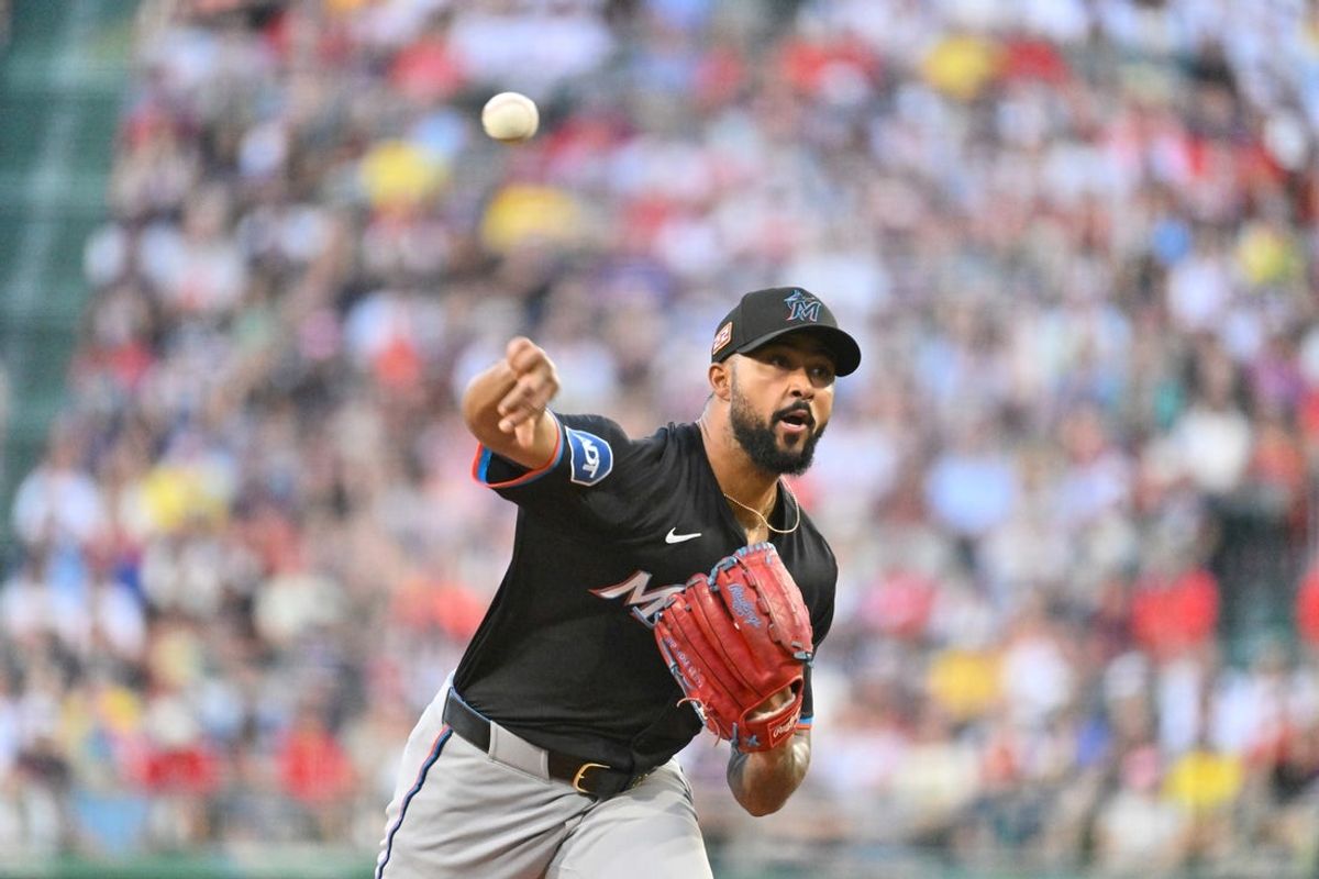 Aug 15, 2025; Boston, Massachusetts, USA; Miami Marlins starting pitcher Sandy Alcantara (22) pitches against the Boston Red Sox during the first inning at Fenway Park. Mandatory Credit: Eric Canha-Imagn Images